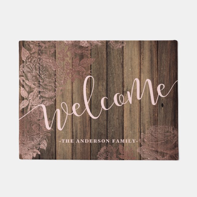 Elegant rustic rose gold wood print custom welcome doormat (Front)