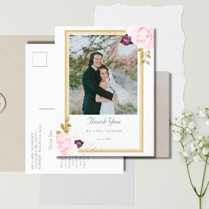 Elegant Rustic Roses Gold Wedding Photo Thank You Postcard