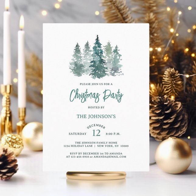 Elegant Rustic Spruce Pine Tree Christmas Party Invitation (Watercolor Rustic Spruce Pine Tree Christmas Party Invitation)