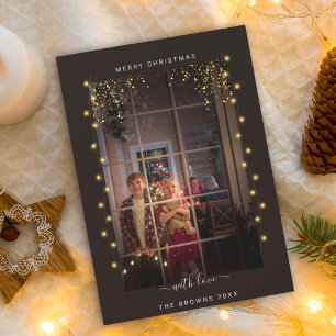 Elegant & Rustic String Lights Frame Custom Photo Holiday Card