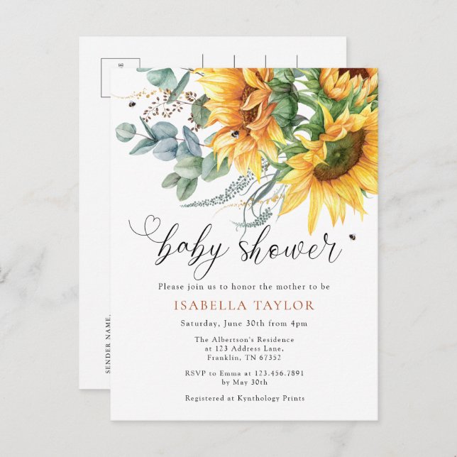 Elegant Rustic Sunflower Baby Shower Invitation Postcard (Front/Back)