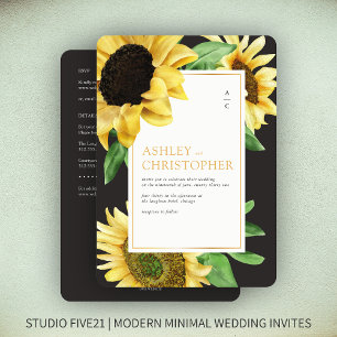 Elegant Rustic Sunflower Black All-in-One Wedding Invitation