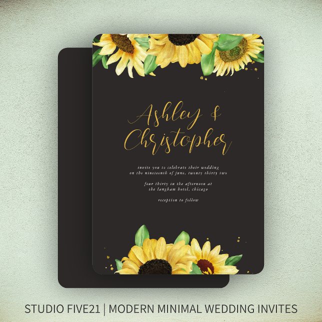 Elegant Rustic Sunflower Black Wedding Invitation (Creator Uploaded)