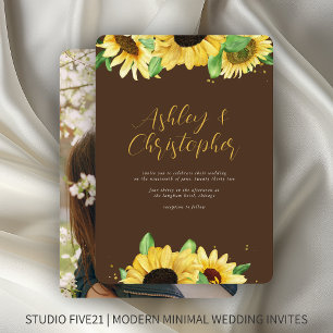 Elegant Rustic Sunflower Brown Photo Wedding Invitation