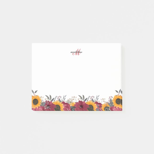 Elegant Rustic Sunflower Burgundy Script Monogram Post-it Notes (Front)