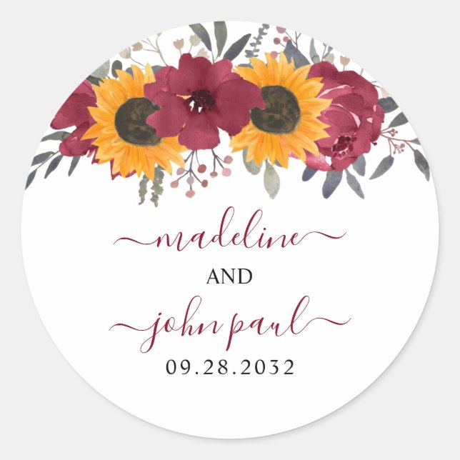 Elegant Rustic Sunflower Floral Burgundy Wedding Classic Round Sticker (Front)