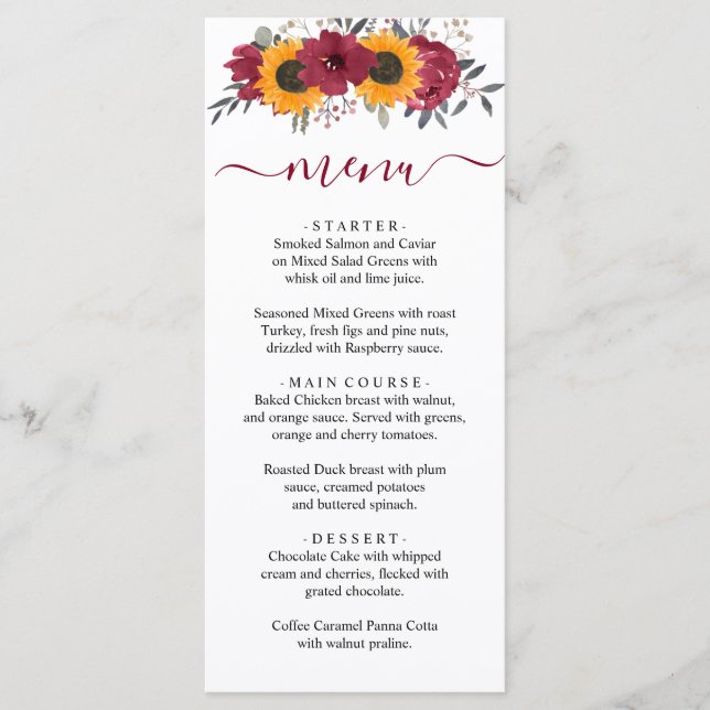 Elegant Rustic Sunflower Floral Burgundy Wedding Menu (Front)
