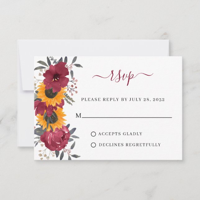 Elegant Rustic Sunflower Floral Burgundy Wedding RSVP Card (Front)