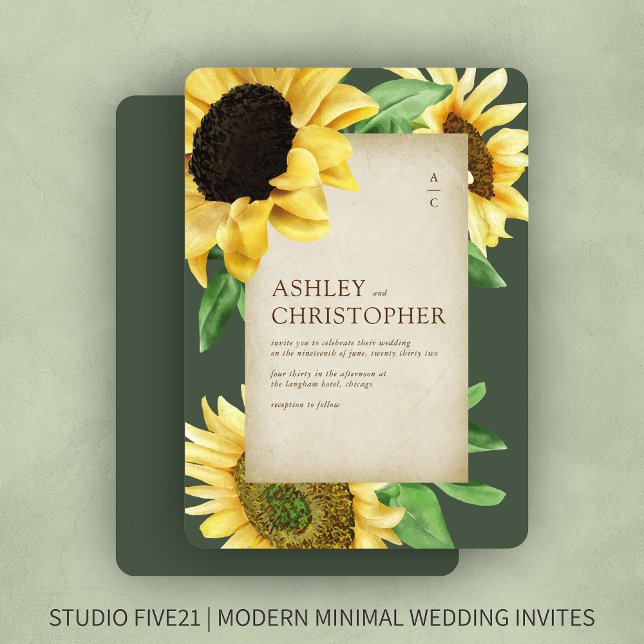 Elegant Rustic Sunflower Green Wedding Invitation (Creator Uploaded)