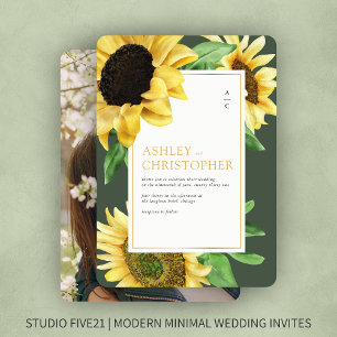 Elegant Rustic Sunflower Moss Green Photo Wedding Invitation