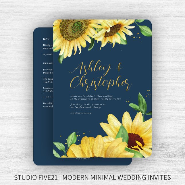 Elegant Rustic Sunflower Navy All-in-One Wedding Invitation (Creator Uploaded)