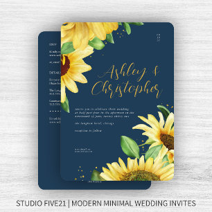 Elegant Rustic Sunflower Navy All-in-One Wedding Invitation