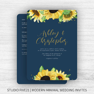 Elegant Rustic Sunflower Navy All-in-One Wedding Invitation