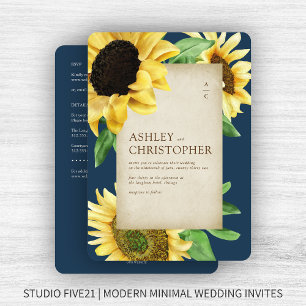 Elegant Rustic Sunflower Navy All-in-One Wedding Invitation