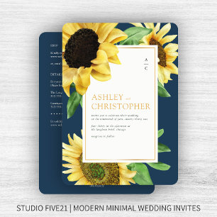 Elegant Rustic Sunflower Navy All-in-One Wedding Invitation