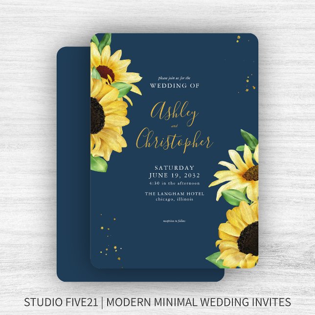 Elegant Rustic Sunflower Navy Wedding Invitation (Creator Uploaded)