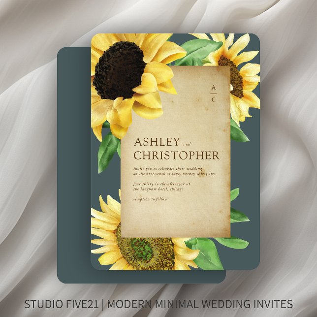 Elegant Rustic Sunflower Slate Grey Wedding Invitation (Creator Uploaded)