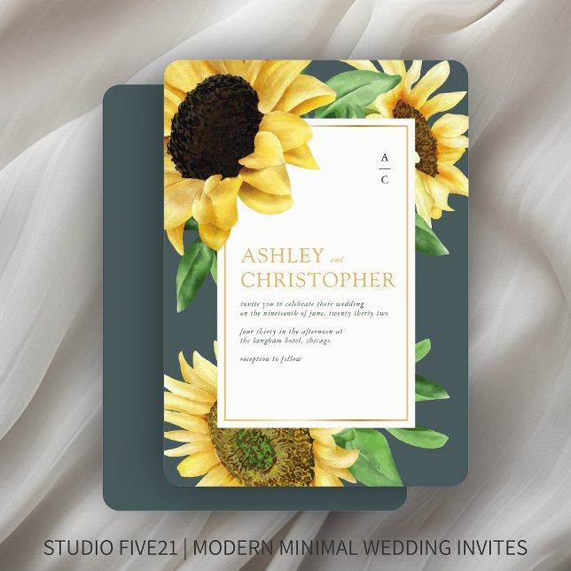 Elegant Rustic Sunflower Slate Grey Wedding Invitation (Creator Uploaded)