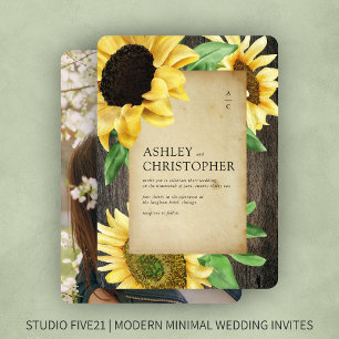 Elegant Rustic Sunflower Wood Photo Wedding Invitation