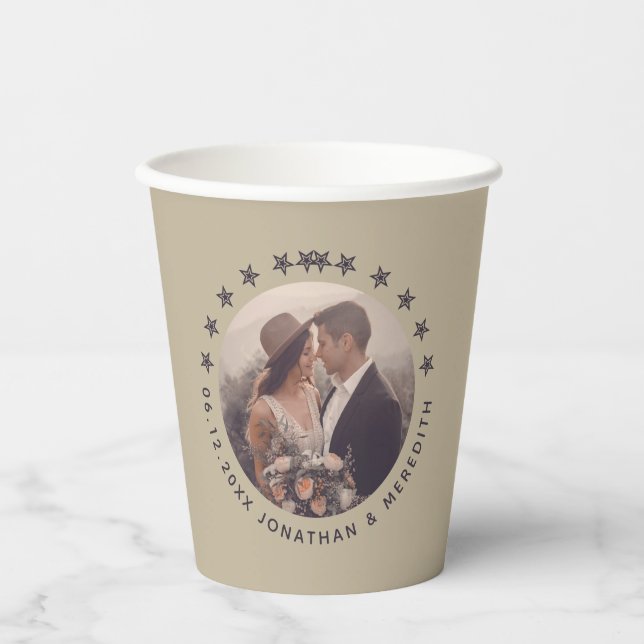 Elegant Rustic Taupe Personalized Photo Wedding Paper Cups (Front)