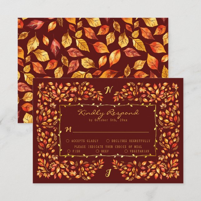 Elegant Rustic Terracotta Fall Leaves Wedding RSVP Card (Front/Back)
