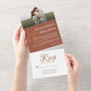 Elegant Rustic Terracotta Photo Monogram Wedding All In One Invitation