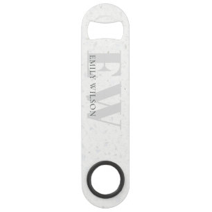 Elegant Rustic Terrazzo Stone Grey Name Monogram Bar Key