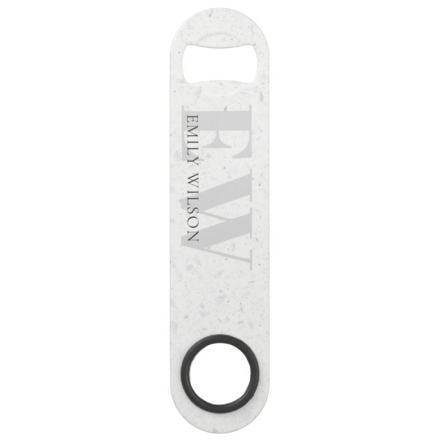 Elegant Rustic Terrazzo Stone Grey Name Monogram Bar Key (Front)