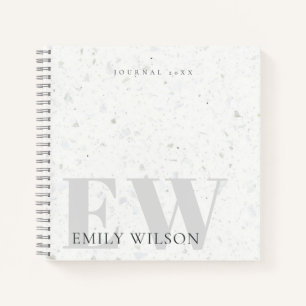 Elegant Rustic Terrazzo Stone Grey Name Monogram Notebook