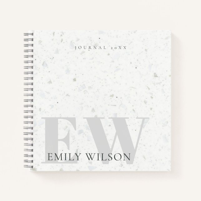 Elegant Rustic Terrazzo Stone Grey Name Monogram Notebook (Front)