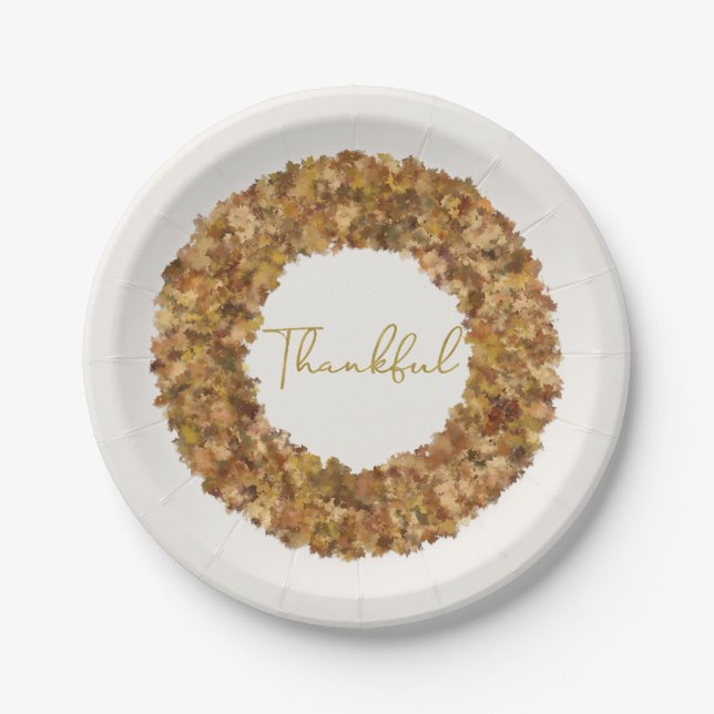 Elegant Rustic Thanksgiving Wreath Autumn Leaves Paper Plate (Front)