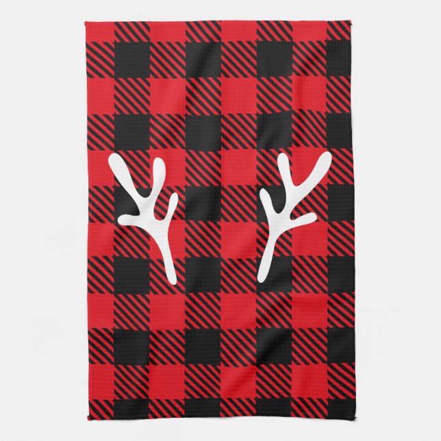Elegant rustic trendy buffalo plaid red with deer  kitchen towel (Vertical)