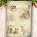 Elegant Rustic Vintage Christmas Woodland Collage Tissue Paper<br><div class="desc">Lovely rustic vintage winter woodland ephemera collage featuring engraved stag,  pine,  text,  script,  postcard graphics and sweet nesting robins on aged distressed sepia parchment background. Suitable for Christmas decoupage and crafting projects.</div>