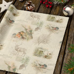 Elegant Rustic Vintage Christmas Woodland Collage Wrapping Paper<br><div class="desc">Lovely rustic vintage winter woodland ephemera collage featuring engraved stag,  pine,  text,  script,  postcard graphics and sweet nesting robins on aged distressed sepia parchment background.</div>