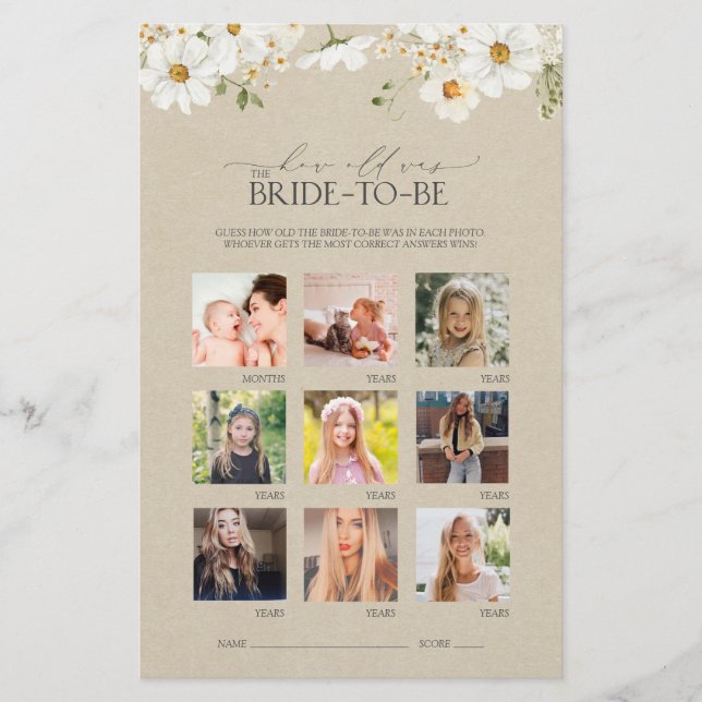 Elegant Rustic Watercolor Daisy Bridal Shower Game (Front)