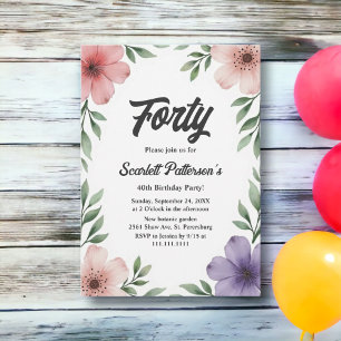 Elegant Rustic Watercolor Floral 40th Birthday Invitation