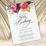 Elegant Rustic Watercolor Floral 80th Birthday Invitation<br><div class="desc">This wonderfully feminine and rustic boho style 80th birthday party invitation has a sumptuous rich colour palette in terracotta, deep peach, burgundy red, purple, teal and yellow. The elegant watercolor botanical elements have a nature-inspired organic appeal and make the invitation pop with style. Elegant calligraphy script spells out the word...</div>