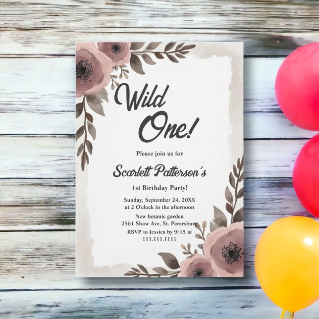 Elegant Rustic Watercolor Floral Wild One Birthday Invitation (Creator Uploaded)
