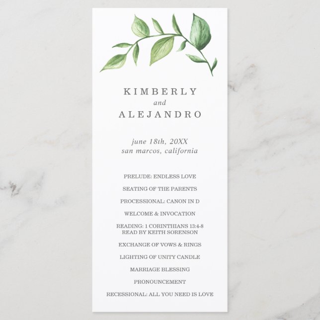 Elegant Rustic Watercolor Greenery Wedding Program (Front)