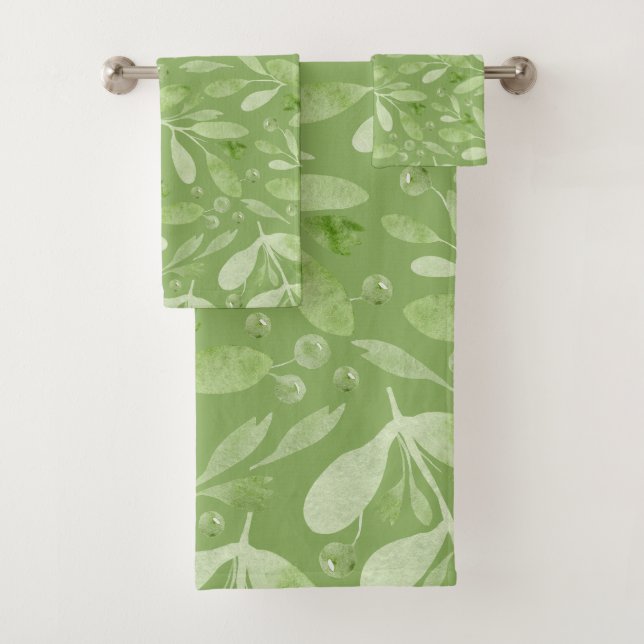 Elegant Rustic Watercolor Leaves Sage Green  Bath Towel Set (Insitu)