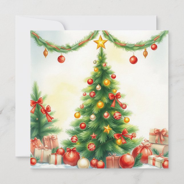 Elegant Rustic Watercolor Merry Christmas Tree  Holiday Card (Front)