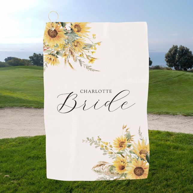 Elegant Rustic Watercolor Sunflower Floral Bride Golf Towel (In situ)