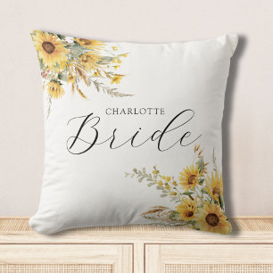 Elegant Rustic Watercolor Sunflower Floral Bride Throw Pillow