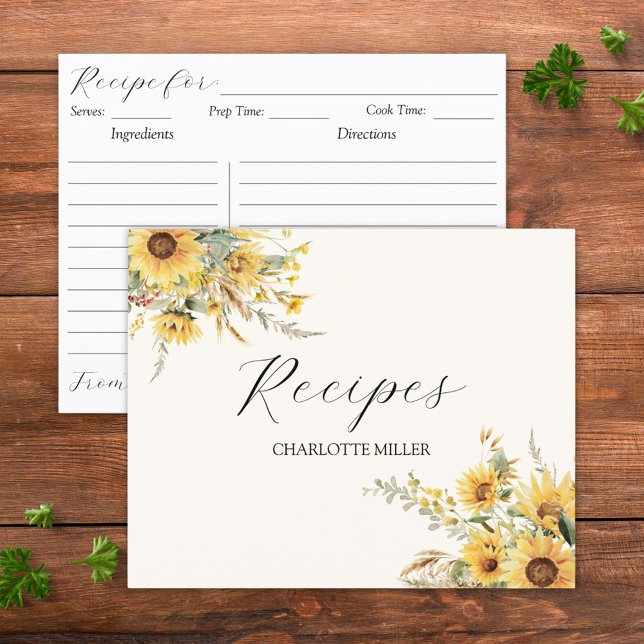 Elegant Rustic Watercolor Sunflower Recipe Card (In situ)