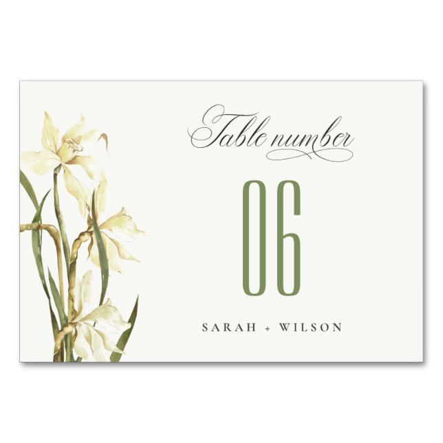 Elegant Rustic Watercolor White Daffodil Wedding Table Number (Front)