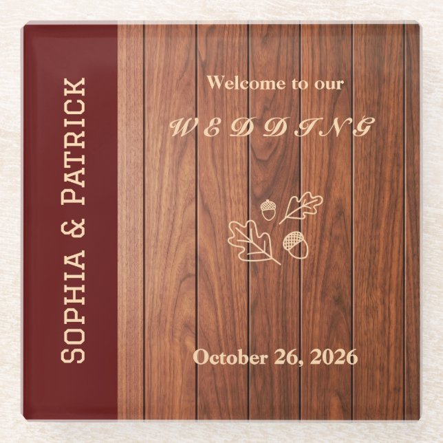 Elegant rustic wedding invitation glass coaster (Front)