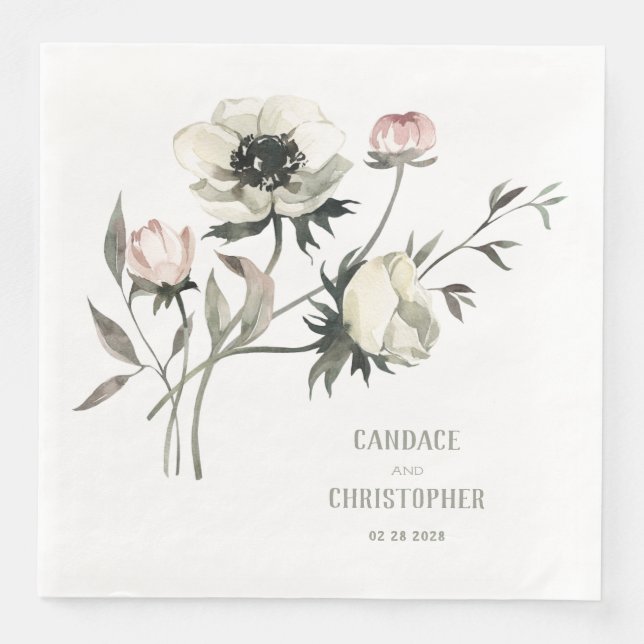 Elegant Rustic White Anemones Floral Napkin (Front)