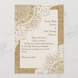 Elegant rustic white corner lace on burlap wedding invitation