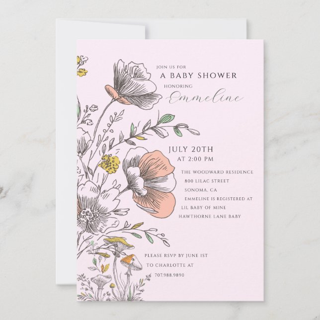 Elegant Rustic Wildflower Pink Baby Shower  Invitation (Front)