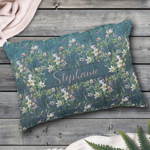 Elegant Rustic Wildflowers On Teal Wood Monogram Accent Pillow